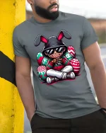 Funny Horror Bunny Tshirt Scary Slasher Easter Cartoon Style - model wearing grey tee, leaning on column