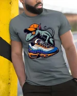 Sneakerhead Lizard Tshirt Cool Streetwear Gecko With Shoes Art - model wearing grey tee, leaning on column