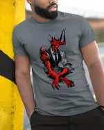 Demon Gentleman Tshirt Dark Suit Monster Elegant Horror Style - model wearing grey tee, leaning on column