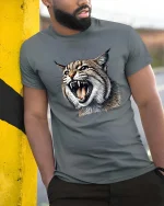 Fierce Wild Cat Tshirt Roaring Lynx Realistic Animal Graphic - model wearing grey tee, leaning on column