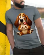 Funny Cute Basset Hound T Shirt Sweet Love Puppy Vibes - model wearing grey tee, leaning on column