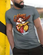 Chaos Duck T Shirt Funny Crazy Cartoon Duck Graphic - model wearing grey tee, leaning on column
