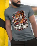 Trust No One Tiger Tshirt Fierce Floral Tattoo Style Graphic - model wearing grey tee, leaning on column