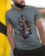 Dark Skull King Tshirt Gothic Armor Crown Fantasy Graphic Style - model wearing grey tee, leaning on column