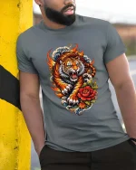 Fiery Tiger Tshirt Japanese Wave Floral Tattoo Style Graphic - model wearing grey tee, leaning on column