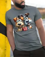 Cute Puppy Friends Tshirt Funny Dogs With Gift Cartoon Style - model wearing grey tee, leaning on column