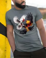 Fighting Roosters Tshirt Dynamic Chicken Battle Realistic Art - model wearing grey tee, leaning on column