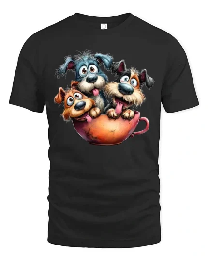 Funny Puppies In Coffee Cup Graphic T Shirt Cute Dog Tee - black t-shirt on white background