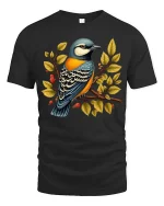 Colorful Bird On Branch Graphic T Shirt Nature Art Tee - black t-shirt on white background