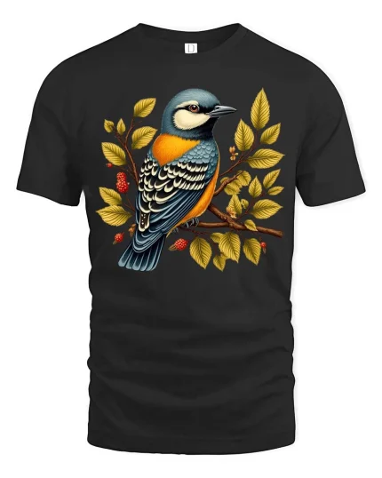 Colorful Bird On Branch Graphic T Shirt Nature Art Tee - black t-shirt on white background