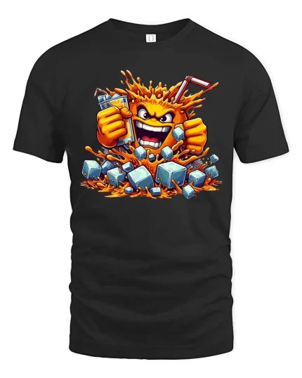 Funny Orange Juice Splash Cartoon T Shirt Cool Drink Tee - black t-shirt on white background