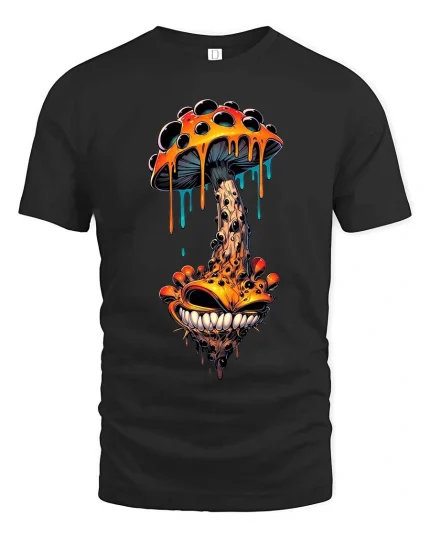 Trippy Melting Mushroom Monster T Shirt Psychedelic Art Tee - black t-shirt on white background