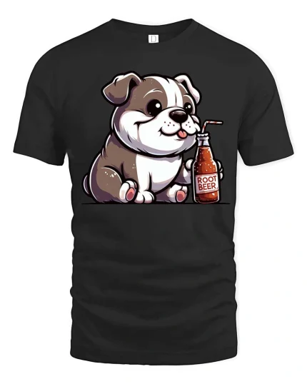 Cute Puppy Drinking Root Beer Graphic T Shirt Funny Dog Tee - black t-shirt on white background