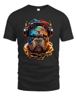Street Vibe Bulldog DJ T Shirt with Neon Urban Style - black t-shirt on white background