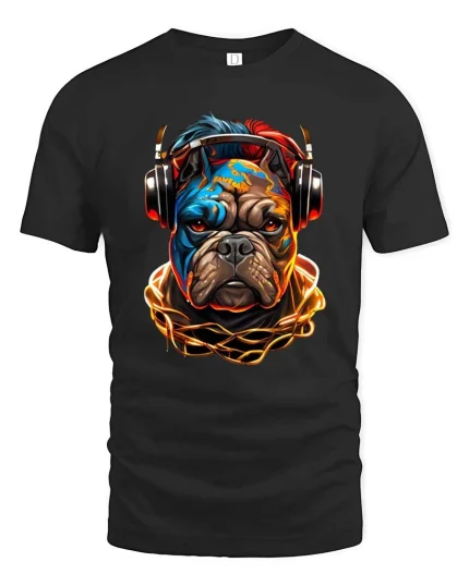 Street Vibe Bulldog DJ T Shirt with Neon Urban Style - black t-shirt on white background