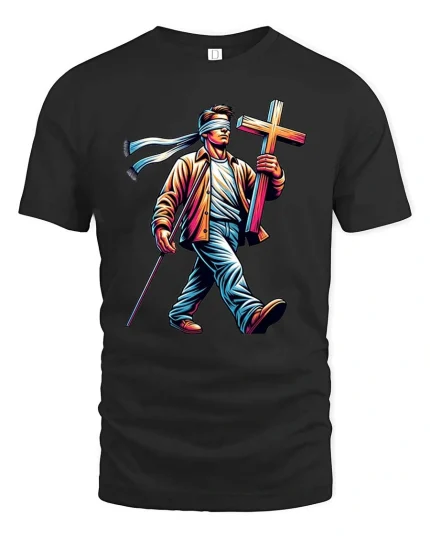 Blind Faith Walk Cross Graphic T Shirt Inspirational Tee - black t-shirt on white background