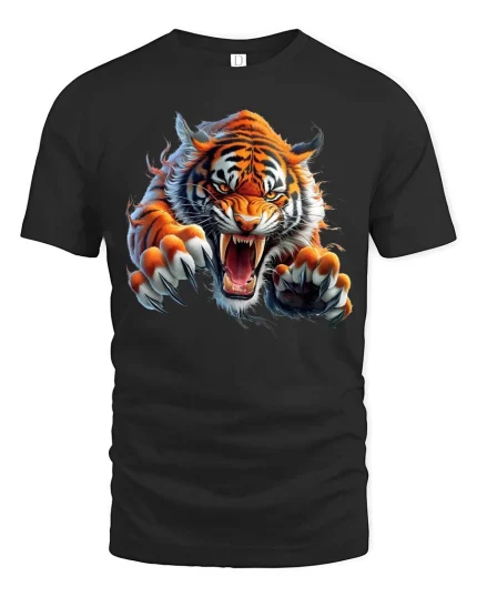 Fierce Roaring Tiger Graphic T Shirt Wild Animal Power Tee - black t-shirt on white background