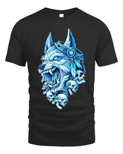 Ice Wolf Skull Graphic T Shirt Fierce Mythical Animal Tee - black t-shirt on white background