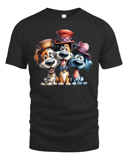 Funny Cute Dogs With Hats Graphic T Shirt Cartoon Puppy Tee - black t-shirt on white background