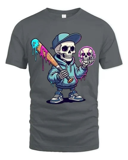 Funny Drip Skull Baseball T Shirt Street Art Graphic Tee - gray t-shirt on white background