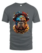 Street Vibe Bulldog DJ T Shirt with Neon Urban Style - gray t-shirt on white background