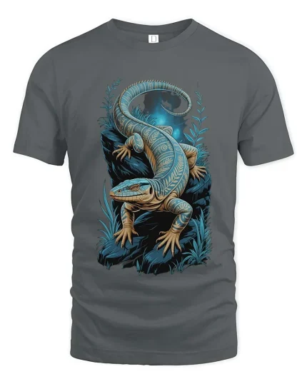 Blue Lizard Night Art T Shirt Mystical Reptile Graphic Tee - gray t-shirt on white background