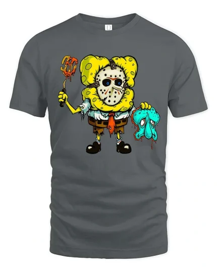 Funny Horror Cartoon Sponge Killer T Shirt Spooky Graphic Tee - gray t-shirt on white background