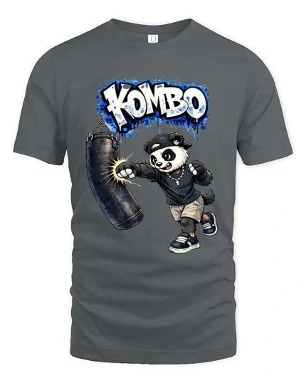 Funny Boxing Panda Kombo Graphic T Shirt Street Style Tee - gray t-shirt on white background