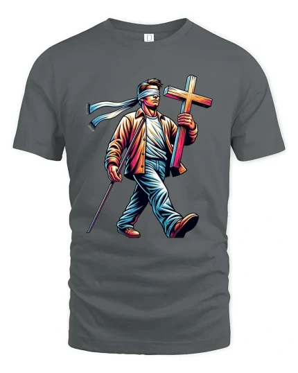 Blind Faith Walk Cross Graphic T Shirt Inspirational Tee - gray t-shirt on white background
