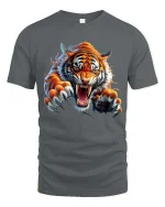 Fierce Roaring Tiger Graphic T Shirt Wild Animal Power Tee - gray t-shirt on white background