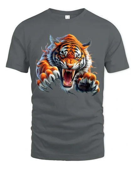 Fierce Roaring Tiger Graphic T Shirt Wild Animal Power Tee - gray t-shirt on white background