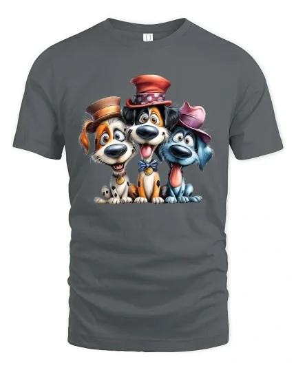 Funny Cute Dogs With Hats Graphic T Shirt Cartoon Puppy Tee - gray t-shirt on white background