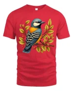 Colorful Bird On Branch Graphic T Shirt Nature Art Tee - red t-shirt on white background