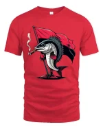 Funny Rebel Fish With Flag Graphic T Shirt Cool Cartoon Tee - red t-shirt on white background