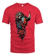 Cyberpunk Robotic Hand Rose Graphic T Shirt Tech Art Tee - red t-shirt on white background