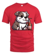 Cute Puppy Drinking Root Beer Graphic T Shirt Funny Dog Tee - red t-shirt on white background
