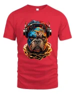 Street Vibe Bulldog DJ T Shirt with Neon Urban Style - red t-shirt on white background