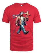 Blind Faith Walk Cross Graphic T Shirt Inspirational Tee - red t-shirt on white background