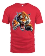 Fierce Roaring Tiger Graphic T Shirt Wild Animal Power Tee - red t-shirt on white background