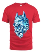 Ice Wolf Skull Graphic T Shirt Fierce Mythical Animal Tee - red t-shirt on white background
