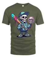 Funny Drip Skull Baseball T Shirt Street Art Graphic Tee - military green t-shirt on white background