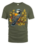 Colorful Bird On Branch Graphic T Shirt Nature Art Tee - military green t-shirt on white background