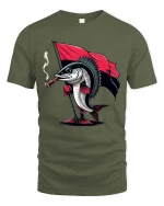 Funny Rebel Fish With Flag Graphic T Shirt Cool Cartoon Tee - military green t-shirt on white background