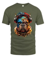 Street Vibe Bulldog DJ T Shirt with Neon Urban Style - military green t-shirt on white background