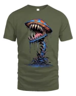 Trippy Monster Mushroom T Shirt Psychedelic Street Art Style - military green t-shirt on white background