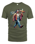 Blind Faith Walk Cross Graphic T Shirt Inspirational Tee - military green t-shirt on white background