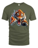 Fierce Roaring Tiger Graphic T Shirt Wild Animal Power Tee - military green t-shirt on white background