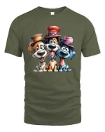 Funny Cute Dogs With Hats Graphic T Shirt Cartoon Puppy Tee - military green t-shirt on white background