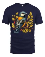 Colorful Bird On Branch Graphic T Shirt Nature Art Tee - navy t-shirt on white background