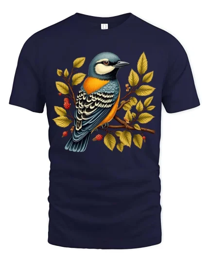 Colorful Bird On Branch Graphic T Shirt Nature Art Tee - navy t-shirt on white background